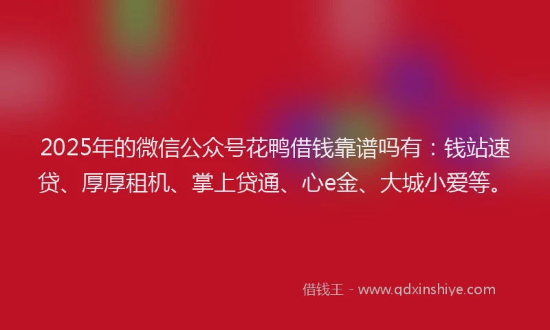 2025年的微信公众号花鸭借钱靠谱吗有：钱站速贷、厚厚租机、掌上贷通、心e金、大城小爱等。