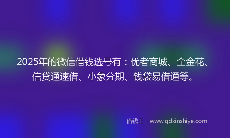 2025年的微信借钱选号有：优者商城、全金花、信贷通速借、小象分期、钱袋易借通等。