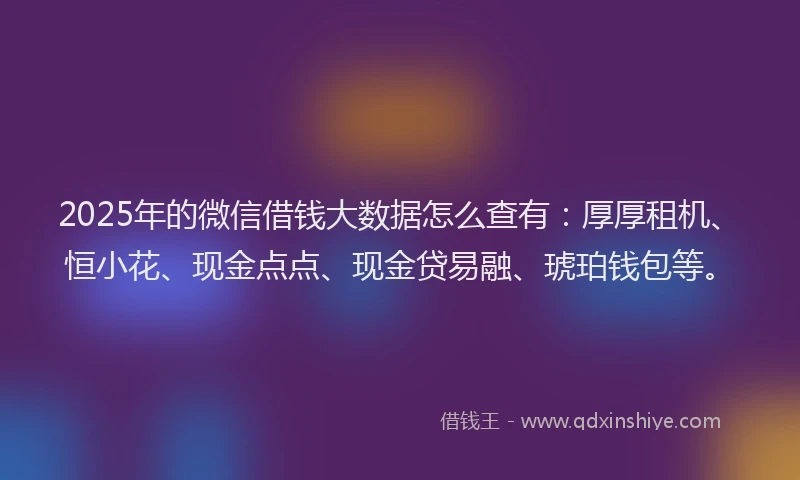 2025年的微信借钱大数据怎么查有：厚厚租机、恒小花、现金点点、现金贷易融、琥珀钱包等。