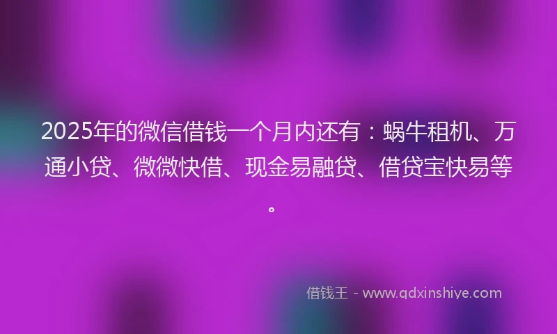 2025年的微信借钱一个月内还有:蜗牛租机、万通小贷、微微快借、现金易融贷、借贷宝快易等。