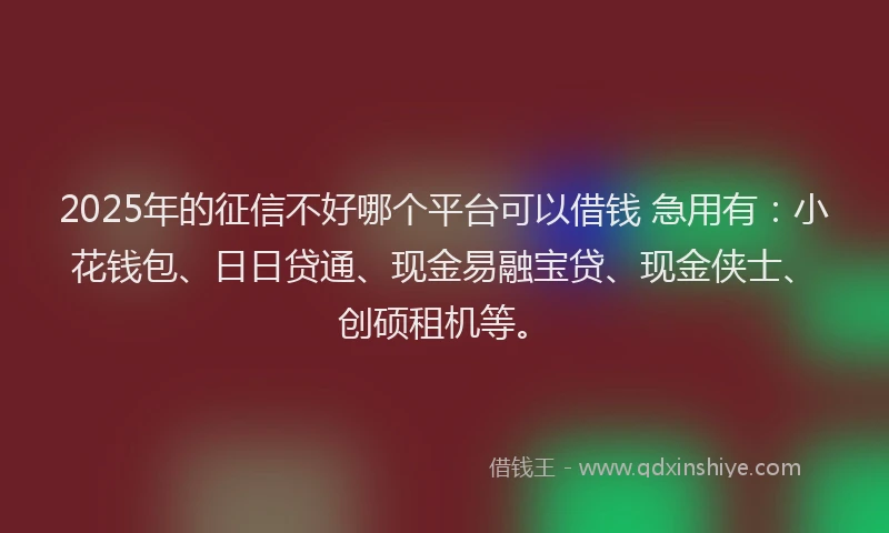 2025年的征信不好哪个平台可以借钱 急用有：小花钱包、日日贷通、现金易融宝贷、现金侠士、创硕租机等。