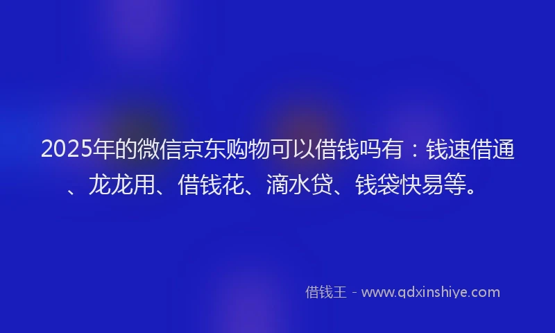 2025年的微信京东购物可以借钱吗有：钱速借通、龙龙用、借钱花、滴水贷、钱袋快易等。