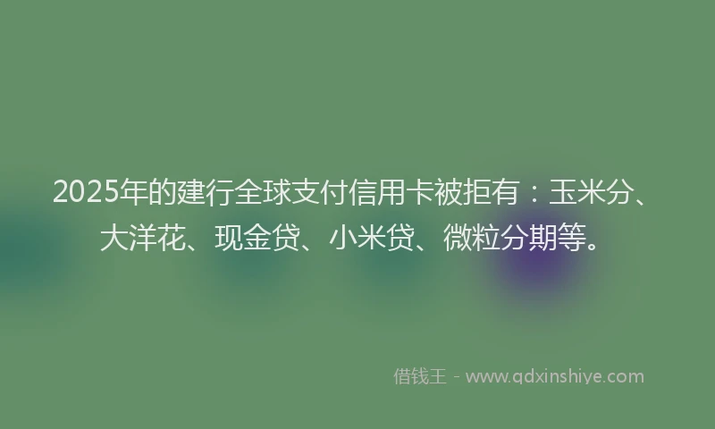 2025年的建行全球支付信用卡被拒有：玉米分、大洋花、现金贷、小米贷、微粒分期等。