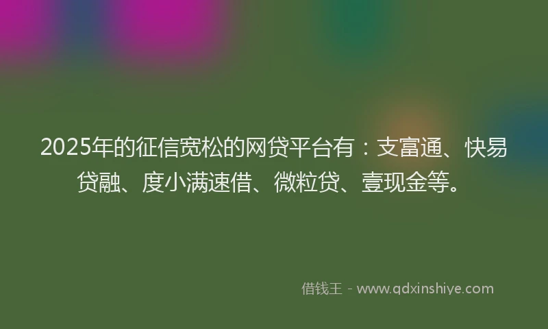 2025年的征信宽松的网贷平台有：支富通、快易贷融、度小满速借、微粒贷、壹现金等。