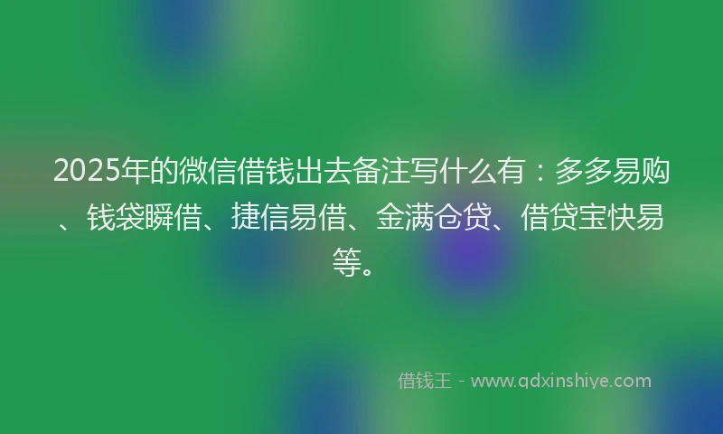 2025年的微信借钱出去备注写什么有:多多易购、钱袋瞬借、捷信易借、金满仓贷、借贷宝快易等。