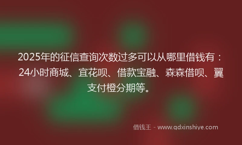 2025年的征信查询次数过多可以从哪里借钱有：24小时商城、宜花呗、借款宝融、森森借呗、翼支付橙分期等。