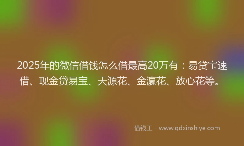 2025年的微信借钱怎么借最高20万有:易贷宝速借、现金贷易宝、天源花、金瀛花、放心花等。