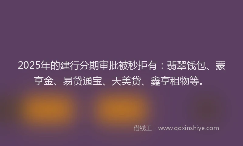 2025年的建行分期审批被秒拒有：翡翠钱包、蒙享金、易贷通宝、天美贷、鑫享租物等。