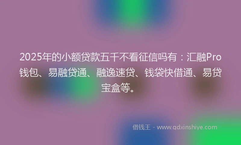 2025年的小额贷款五千不看征信吗有：汇融Pro钱包、易融贷通、融逸速贷、钱袋快借通、易贷宝盒等。