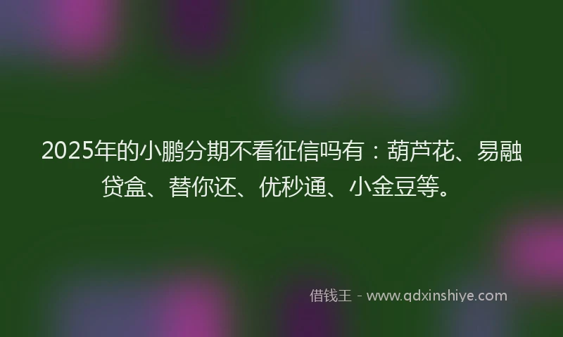 2025年的小鹏分期不看征信吗有：葫芦花、易融贷盒、替你还、优秒通、小金豆等。