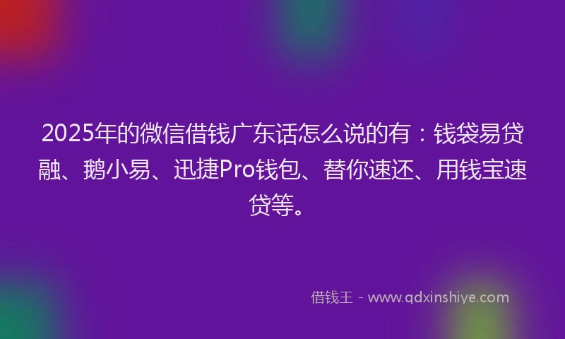 2025年的微信借钱广东话怎么说的有：钱袋易贷融、鹅小易、迅捷Pro钱包、替你速还、用钱宝速贷等。