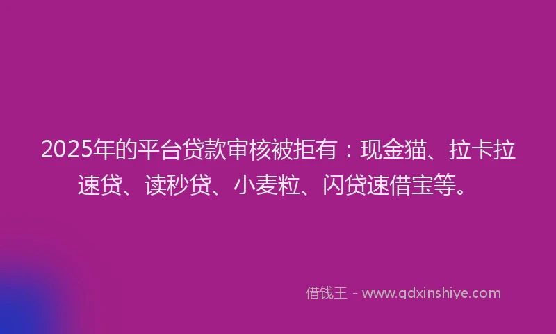 2025年的平台贷款审核被拒有：现金猫、拉卡拉速贷、读秒贷、小麦粒、闪贷速借宝等。