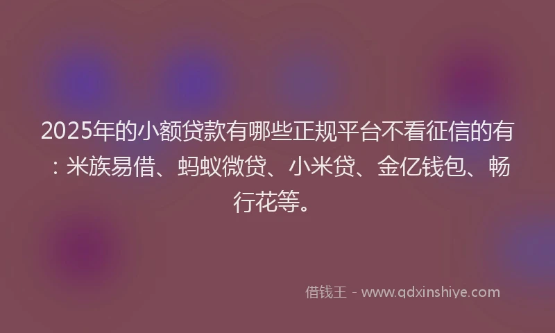 2025年的小额贷款有哪些正规平台不看征信的有：米族易借、蚂蚁微贷、小米贷、金亿钱包、畅行花等。