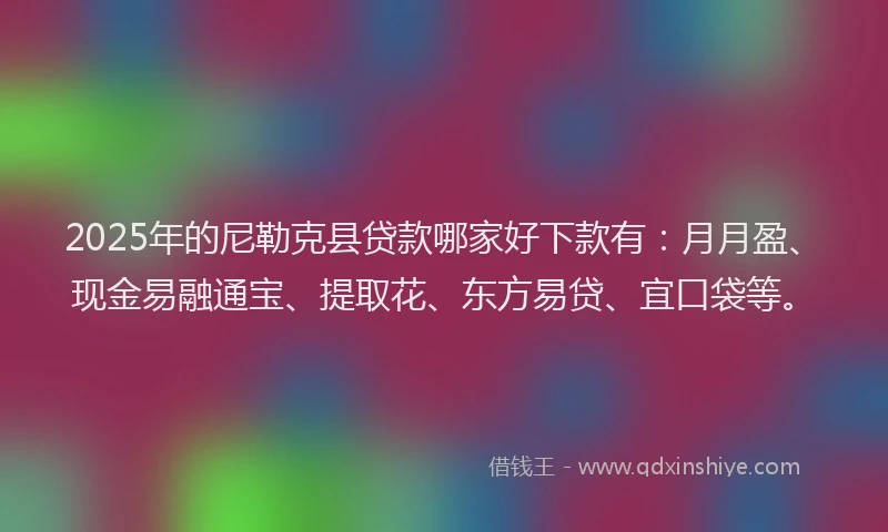 2025年的尼勒克县贷款哪家好下款有：月月盈、现金易融通宝、提取花、东方易贷、宜口袋等。