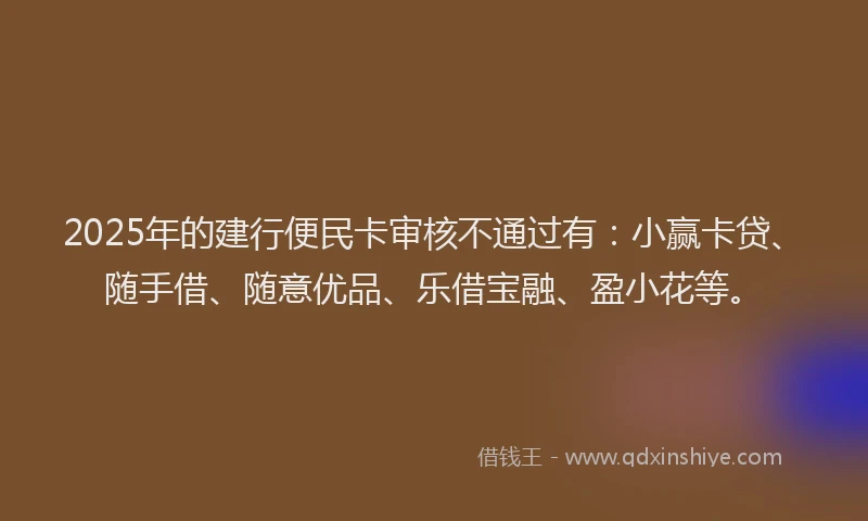 2025年的建行便民卡审核不通过有：小赢卡贷、随手借、随意优品、乐借宝融、盈小花等。