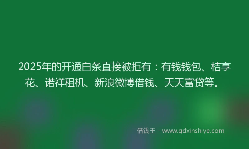 2025年的开通白条直接被拒有：有钱钱包、桔享花、诺祥租机、新浪微博借钱、天天富贷等。