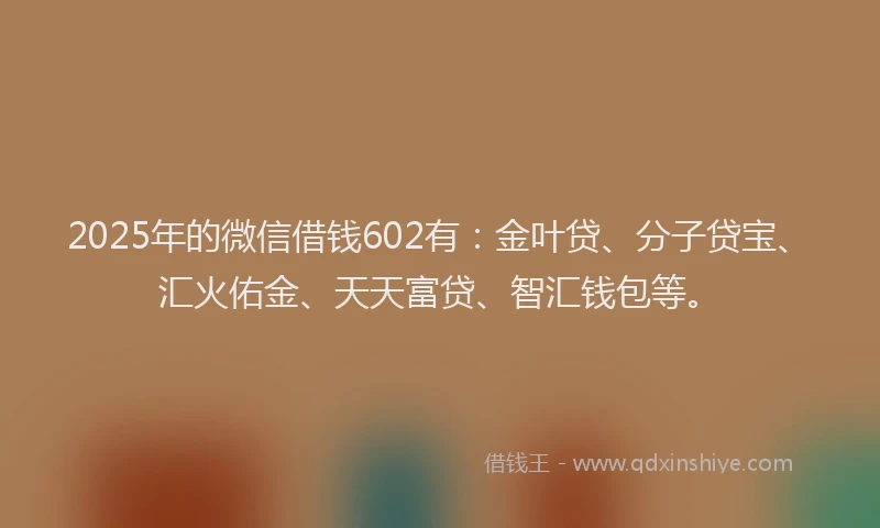 2025年的微信借钱602有：金叶贷、分子贷宝、汇火佑金、天天富贷、智汇钱包等。