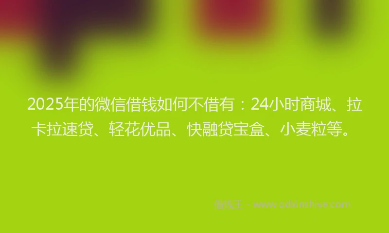 2025年的微信借钱如何不借有：24小时商城、拉卡拉速贷、轻花优品、快融贷宝盒、小麦粒等。