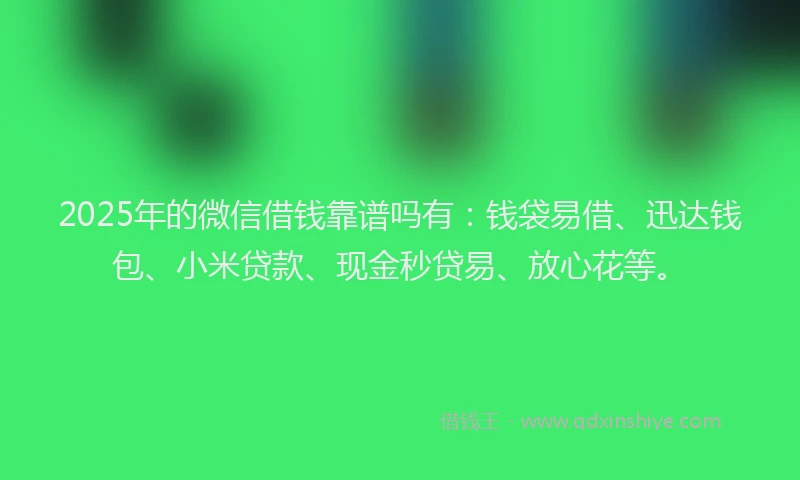 2025年的微信借钱靠谱吗有：钱袋易借、迅达钱包、小米贷款、现金秒贷易、放心花等。