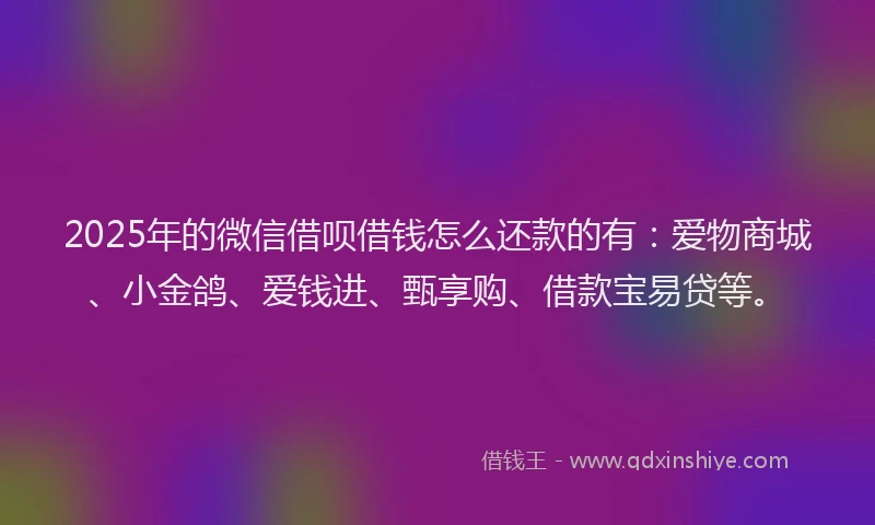 2025年的微信借呗借钱怎么还款的有：爱物商城、小金鸽、爱钱进、甄享购、借款宝易贷等。