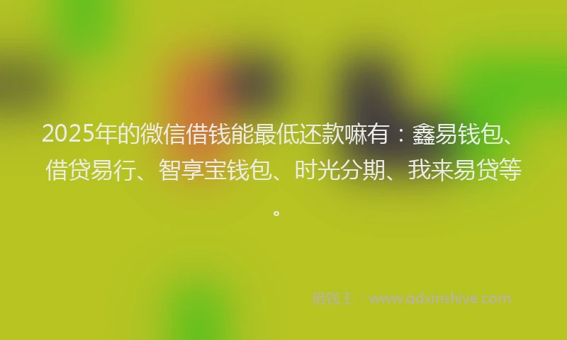 2025年的微信借钱能最低还款嘛有：鑫易钱包、借贷易行、智享宝钱包、时光分期、我来易贷等。