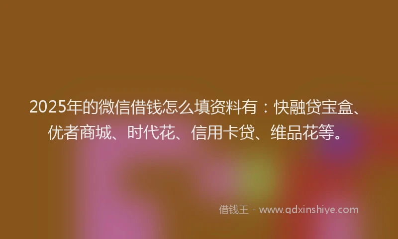 2025年的微信借钱怎么填资料有：快融贷宝盒、优者商城、时代花、信用卡贷、维品花等。