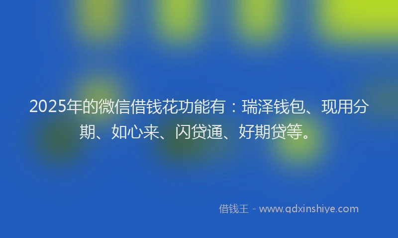 2025年的微信借钱花功能有：瑞泽钱包、现用分期、如心来、闪贷通、好期贷等。