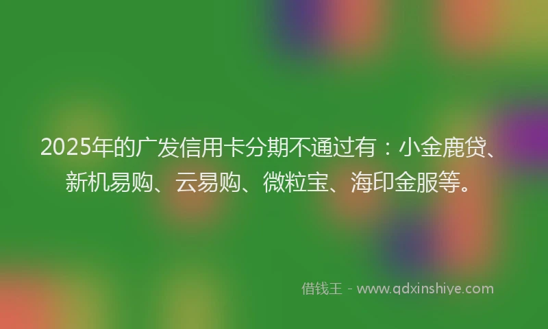 2025年的广发信用卡分期不通过有：小金鹿贷、新机易购、云易购、微粒宝、海印金服等。
