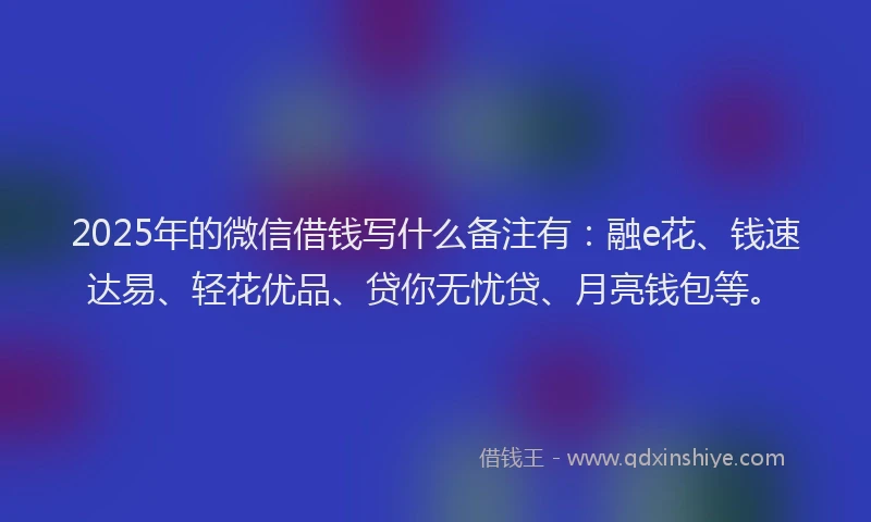 2025年的微信借钱写什么备注有:融e花、钱速达易、轻花优品、贷你无忧贷、月亮钱包等。