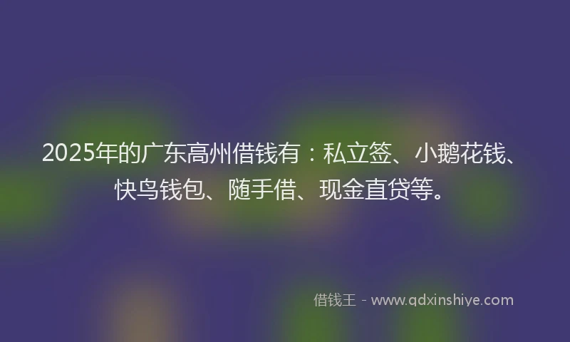 2025年的广东高州借钱有：私立签、小鹅花钱、快鸟钱包、随手借、现金直贷等。