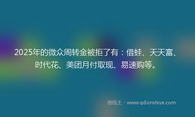 2025年的微众周转金被拒了有：借蛙、天天富、时代花、美团月付取现、易速购等。