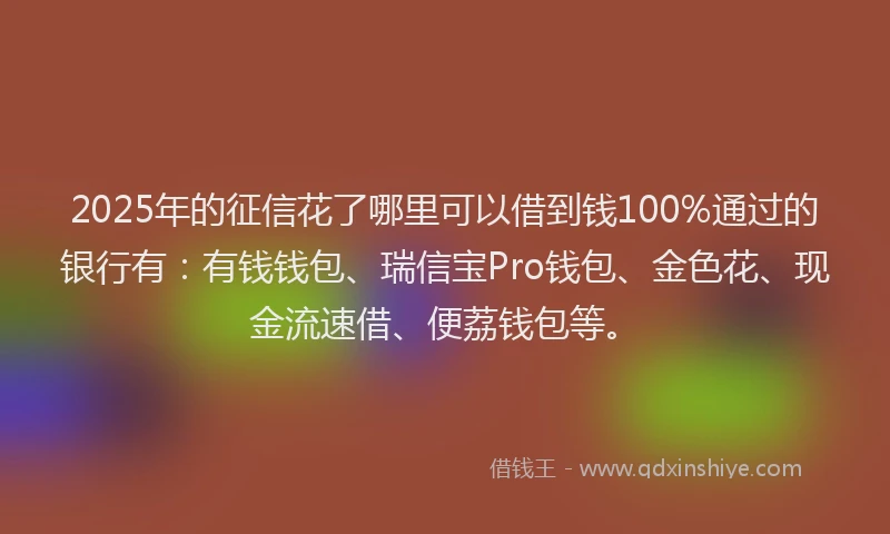 2025年的征信花了哪里可以借到钱100%通过的银行有：有钱钱包、瑞信宝Pro钱包、金色花、现金流速借、便荔钱包等。