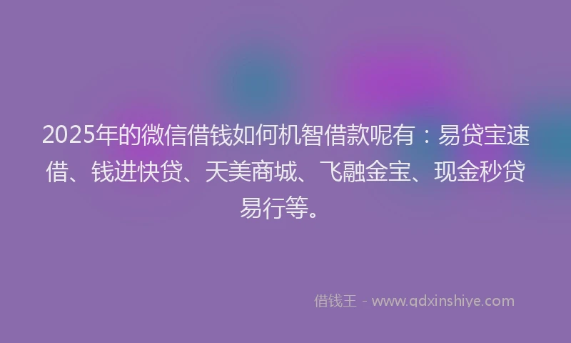 2025年的微信借钱如何机智借款呢有:易贷宝速借、钱进快贷、天美商城、飞融金宝、现金秒贷易行等。