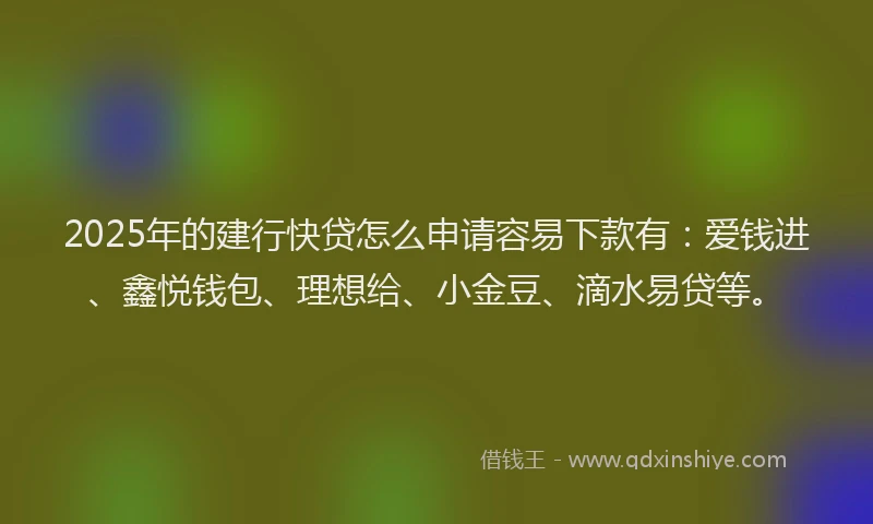 2025年的建行快贷怎么申请容易下款有：爱钱进、鑫悦钱包、理想给、小金豆、滴水易贷等。