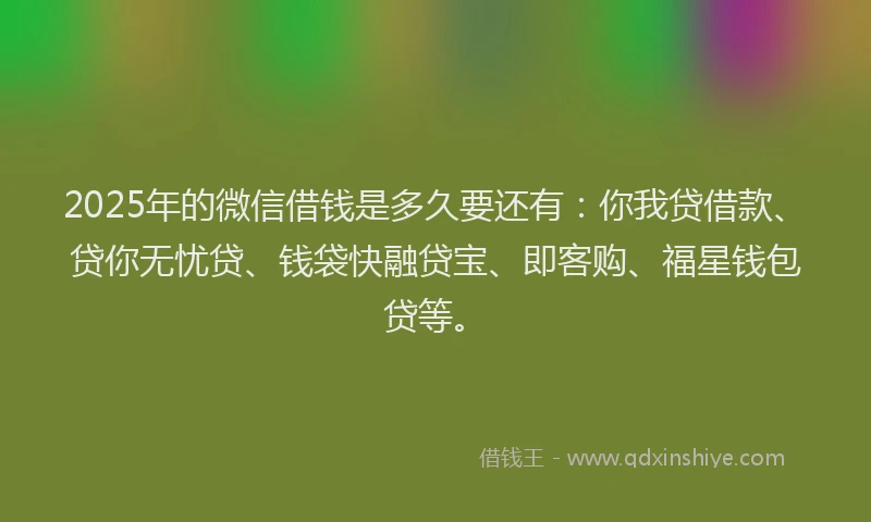 2025年的微信借钱是多久要还有：你我贷借款、贷你无忧贷、钱袋快融贷宝、即客购、福星钱包贷等。
