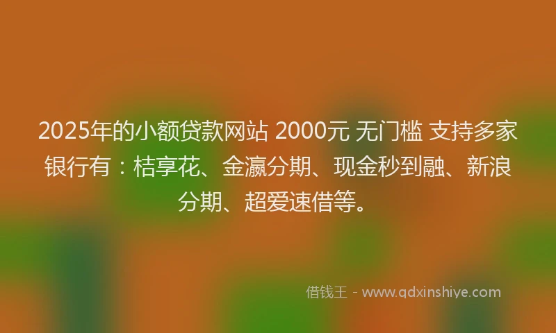 2025年的小额贷款网站 2000元 无门槛 支持多家银行有：桔享花、金瀛分期、现金秒到融、新浪分期、超爱速借等。