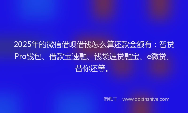 2025年的微信借呗借钱怎么算还款金额有：智贷Pro钱包、借款宝速融、钱袋速贷融宝、e微贷、替你还等。