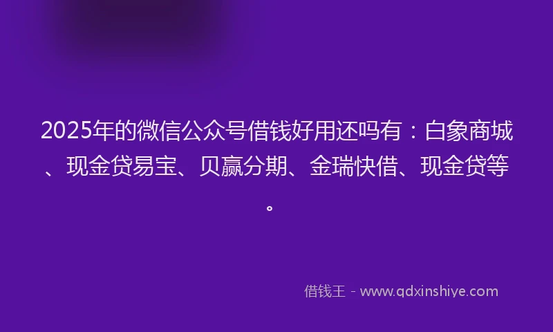 2025年的微信公众号借钱好用还吗有：白象商城、现金贷易宝、贝赢分期、金瑞快借、现金贷等。