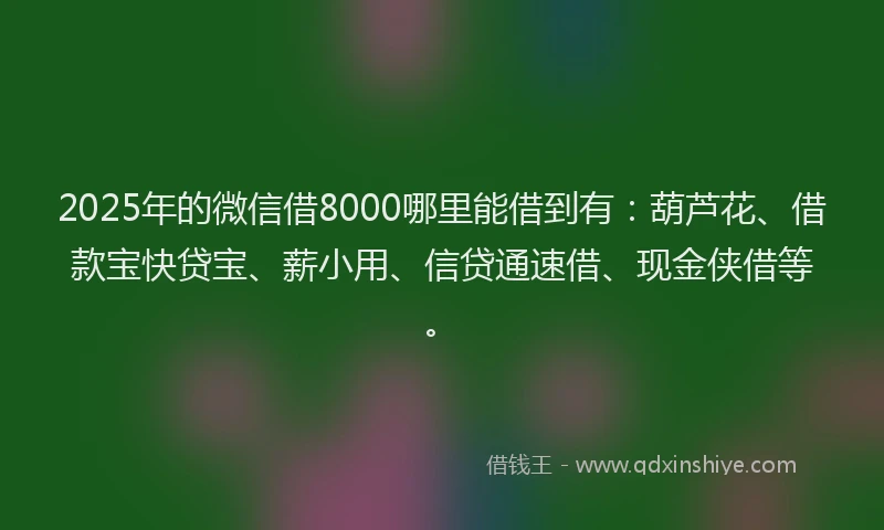 2025年的微信借8000哪里能借到有：葫芦花、借款宝快贷宝、薪小用、信贷通速借、现金侠借等。