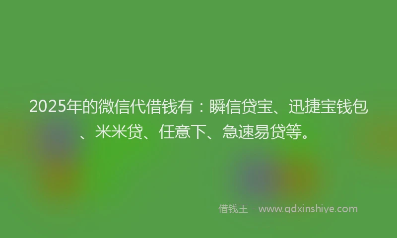 2025年的微信代借钱有：瞬信贷宝、迅捷宝钱包、米米贷、任意下、急速易贷等。