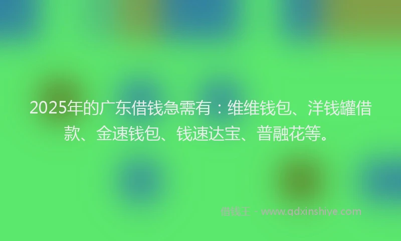 2025年的广东借钱急需有：维维钱包、洋钱罐借款、金速钱包、钱速达宝、普融花等。