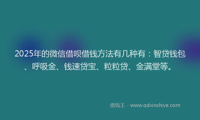 2025年的微信借呗借钱方法有几种有：智贷钱包、呼吸金、钱速贷宝、粒粒贷、金满堂等。