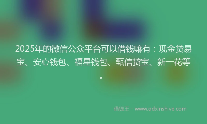 2025年的微信公众平台可以借钱嘛有：现金贷易宝、安心钱包、福星钱包、甄信贷宝、新一花等。