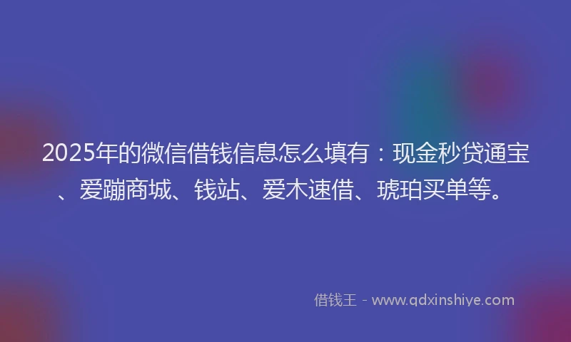 2025年的微信借钱信息怎么填有：现金秒贷通宝、爱蹦商城、钱站、爱木速借、琥珀买单等。