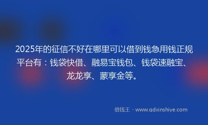 2025年的征信不好在哪里可以借到钱急用钱正规平台有：钱袋快借、融易宝钱包、钱袋速融宝、龙龙享、蒙享金等。