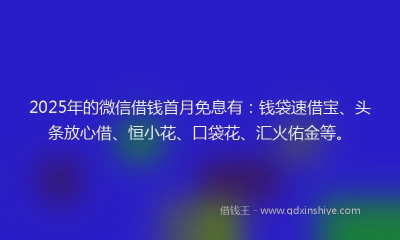 2025年的微信借钱首月免息有：钱袋速借宝、头条放心借、恒小花、口袋花、汇火佑金等。