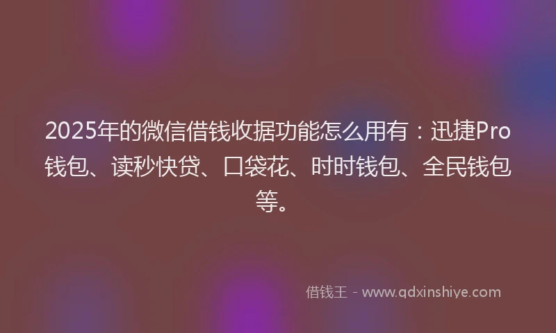 2025年的微信借钱收据功能怎么用有：迅捷Pro钱包、读秒快贷、口袋花、时时钱包、全民钱包等。