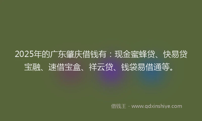 2025年的广东肇庆借钱有：现金蜜蜂贷、快易贷宝融、速借宝盒、祥云贷、钱袋易借通等。