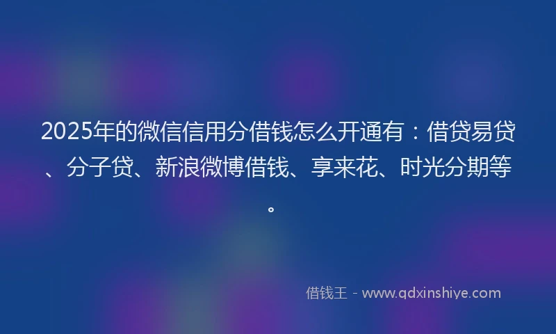2025年的微信信用分借钱怎么开通有:借贷易贷、分子贷、新浪微博借钱、享来花、时光分期等。