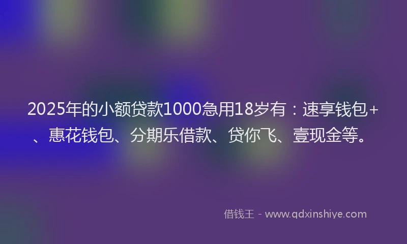 2025年的小额贷款1000急用18岁有：速享钱包+、惠花钱包、分期乐借款、贷你飞、壹现金等。